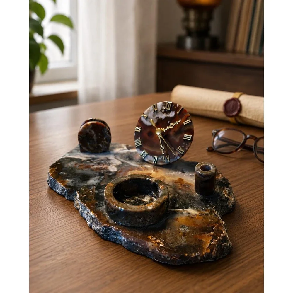 Vintage Natural Agate Stone Desk Set With Clock – MCM Office Organizer